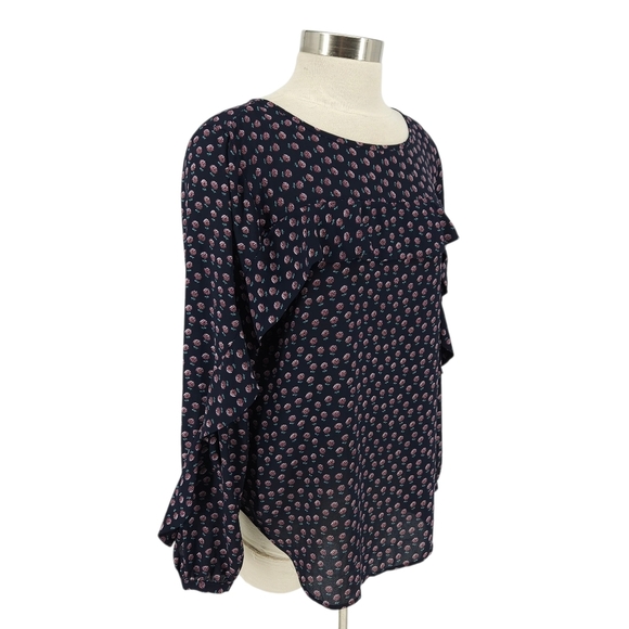 Ann Taylor LOFT Blouse Navy Blue Floral Ruffle Long Sleeve Shirt Large - Picture 2 of 7